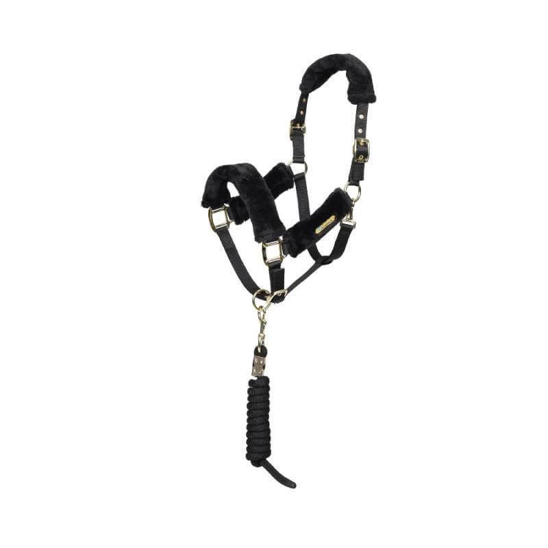 Arma Faux Fur Headcollar &amp; Lead Rope Black shown on a white background.