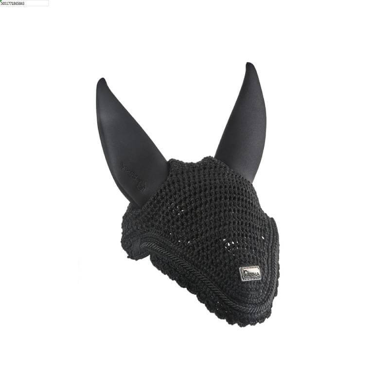 Shires Arma Calm Fly Hood Black with tall, pointed ears on a white background.