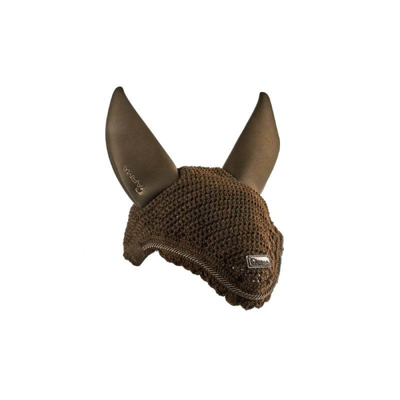 Shires Arma Calm Fly Hood in brown with large fabric ears on a white background.