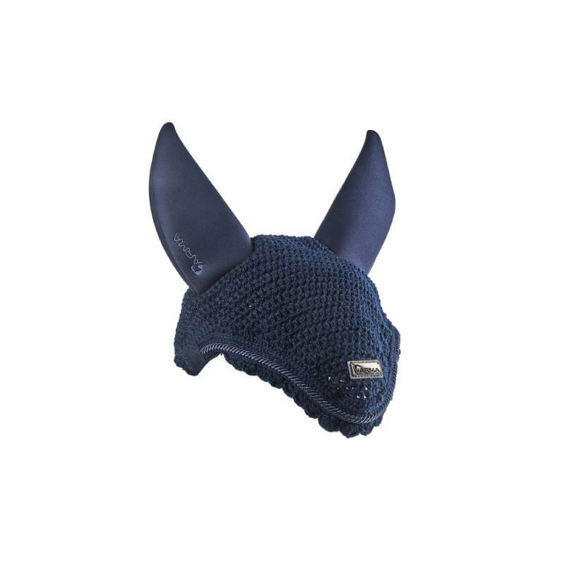Shires Arma Calm Fly Hood Navy: noise-reducing bonnet with fabric ears and front logo tag.