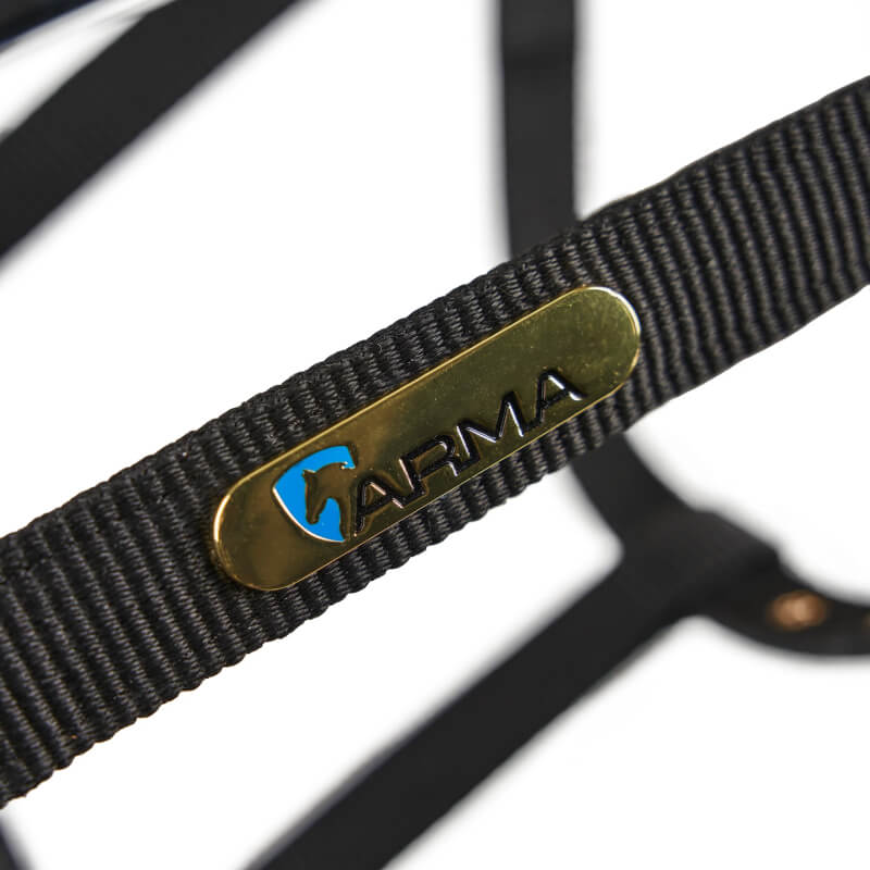 Close-up of the Shires ARMA Fleece Lined Lunge Cavesson Black with gold label and blue logo.