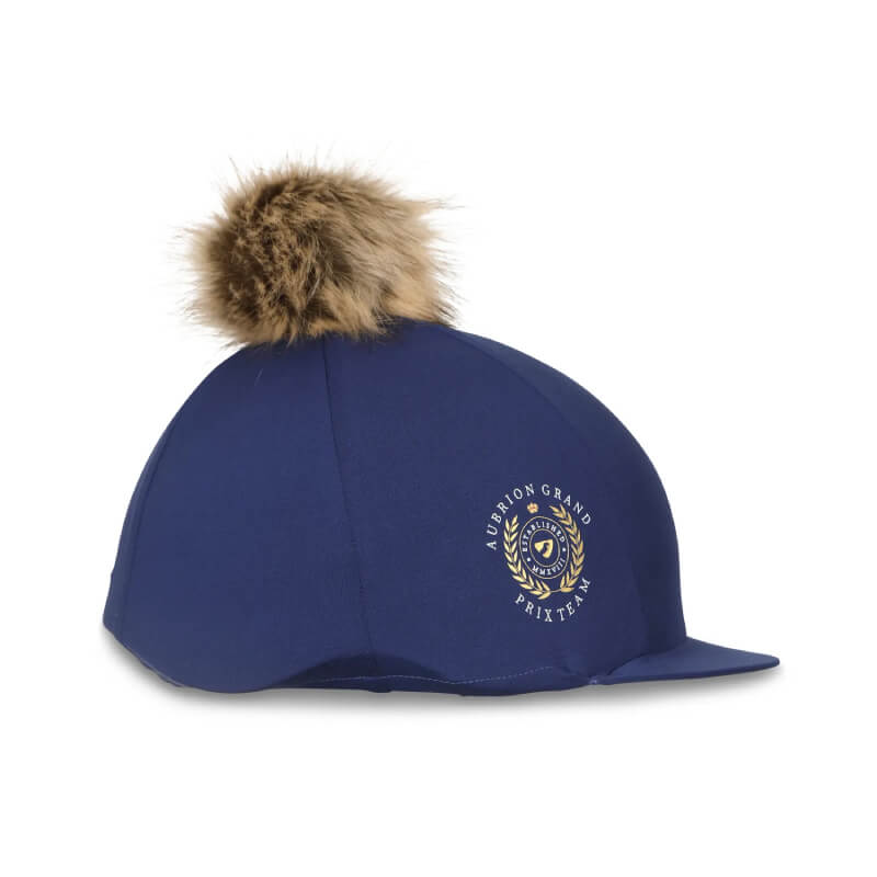 Aubrion Team Hat Silk Navy with brown faux fur pom pom and gold emblem riding hat cover.