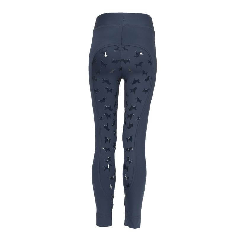 Shires Tikaboo Riding Tights Navy: quick-dry kids’ tights with dog prints on back and legs.