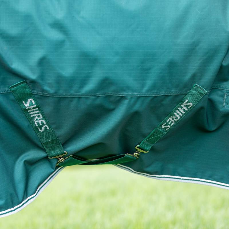 Close-up of Shires straps on the Highlander 300g Combo Turnout Rug, clipped, grass below.
