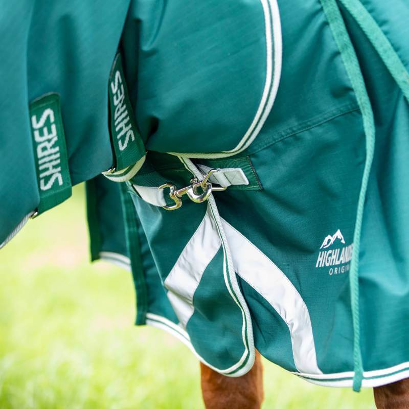 Close-up of Shires Highlander 300g Combo Neck Rug in green with silver buckles.