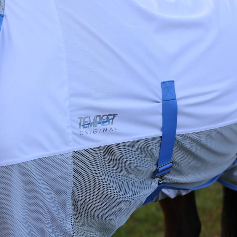 Close-up of Shires Tempest Original Fly Mesh Combo Rug Sky for horse fly protection.
