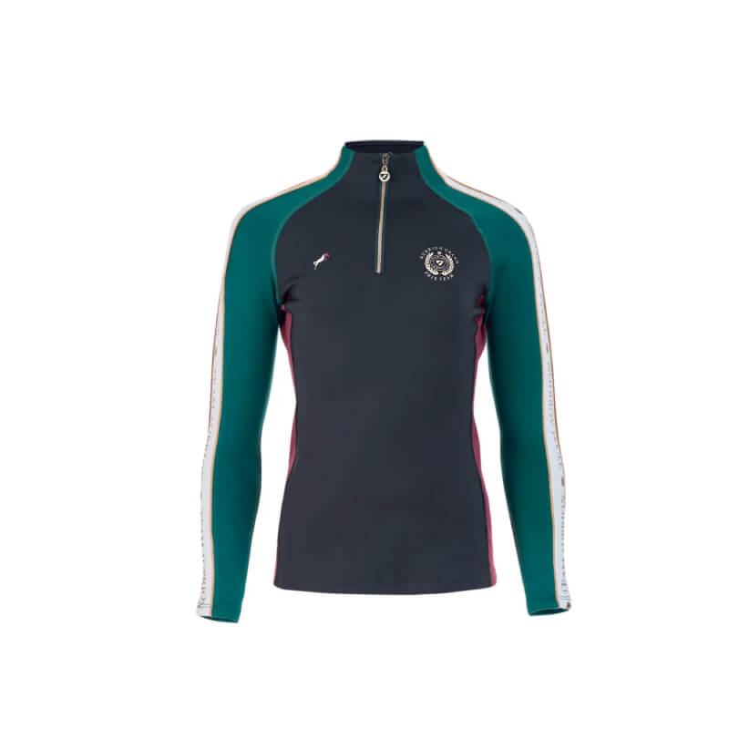 Aubrion Team Winter Baselayer: green sleeves, black body, white trim, front zip.