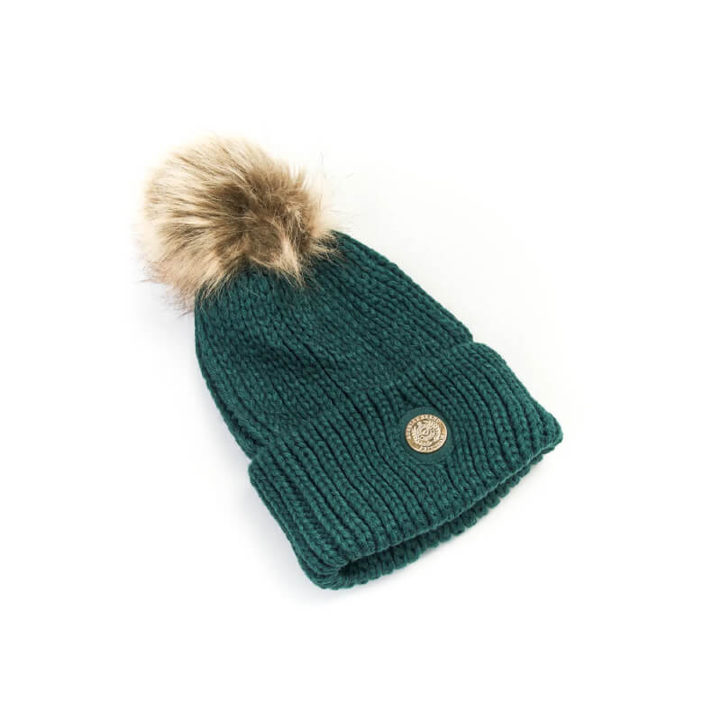 Aubrion Team Winter Hat Green with brown faux fur pom and round metal button front.