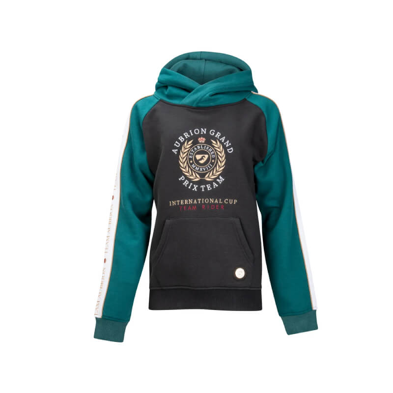 Aubrion Team Hoodie Young Rider Black with Grand Prix logo and front pocket for young riders.