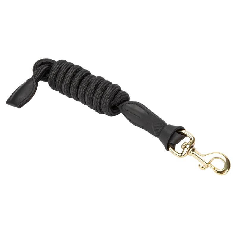 Shires Velociti Leather Lead Rope 2m with brass snap hook and leather ends, neatly coiled.