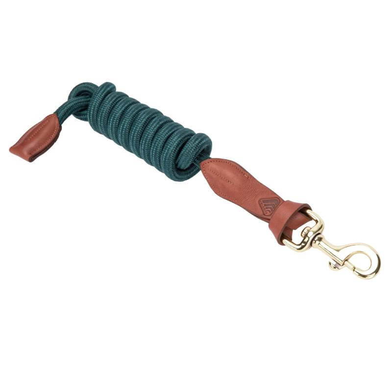 Shires Velociti Leather Lead Rope 2m, green with brown leather ends and brass trigger clip.