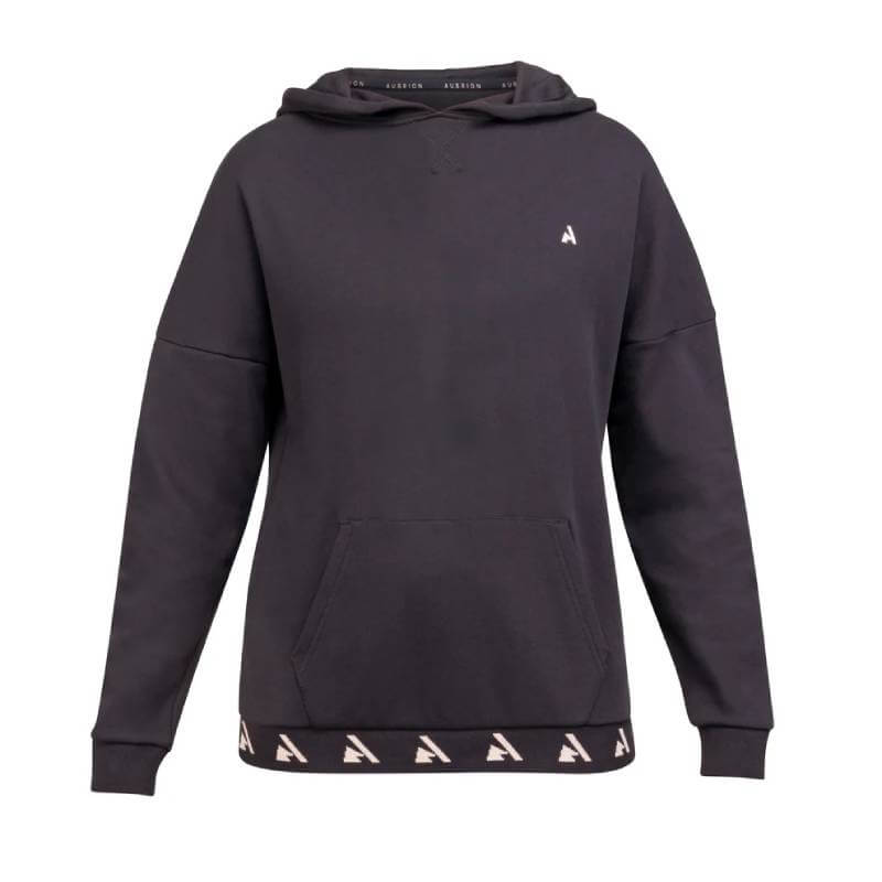 Aubrion React Hoodie YR Shadow: black French terry, front pocket, small white logo.