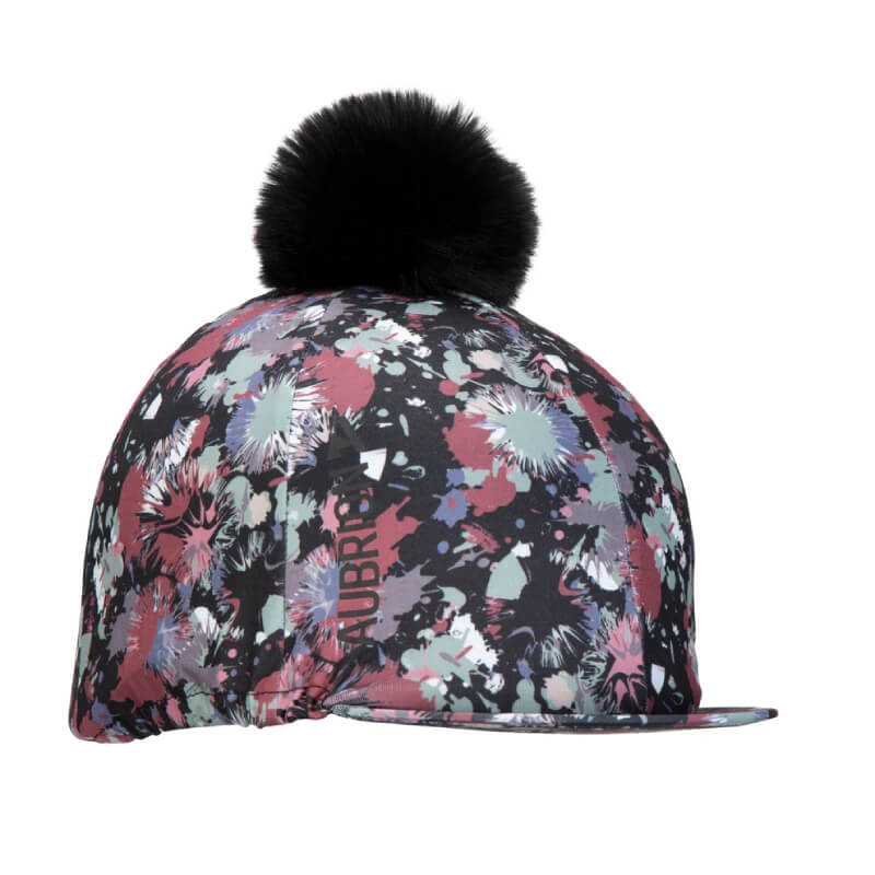 Aubrion React Hat Cover Abstract with black faux fur bobble and short brim stretch fabric.