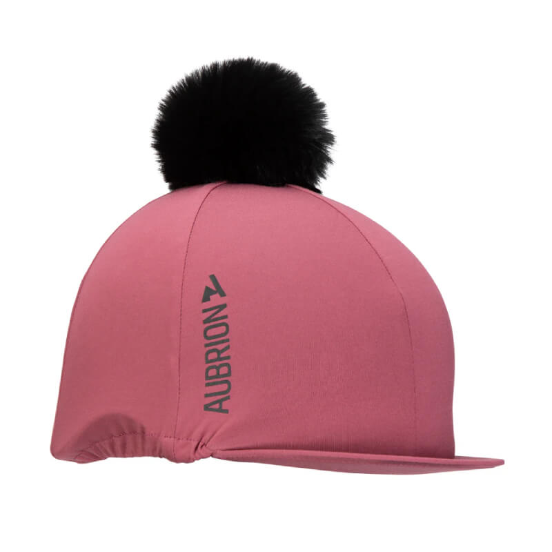 Aubrion React Hat Cover Mauve in stretch fabric with a black faux fur bobble on top.