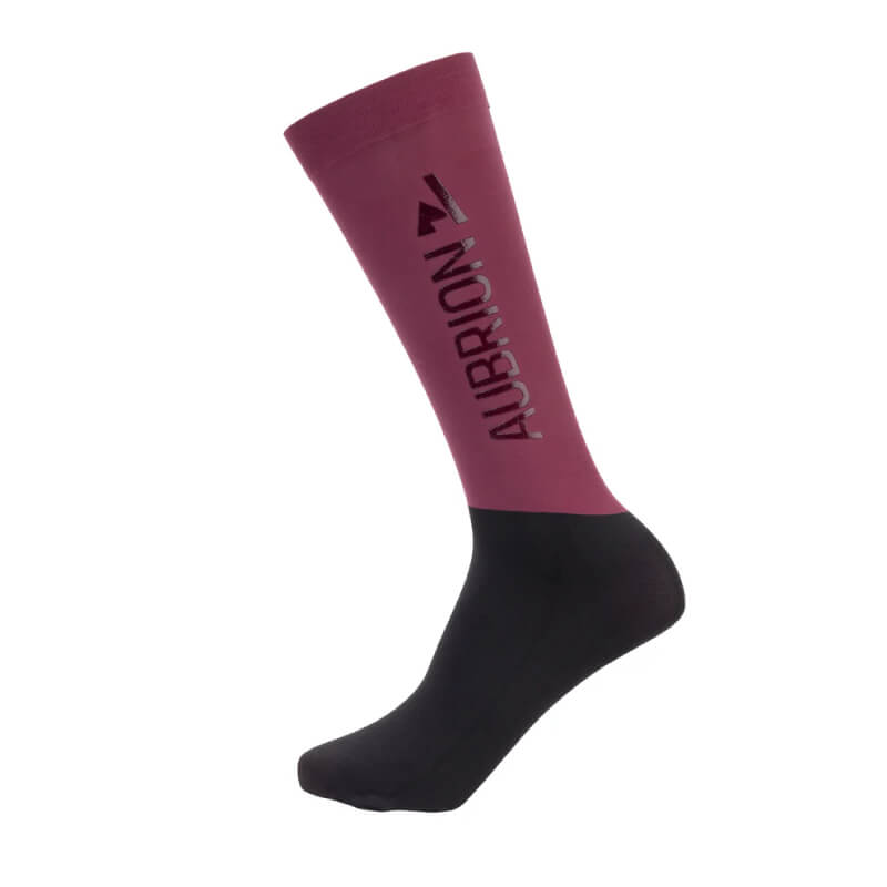 Aubrion React Performance Socks Mauve are mauve and black knee-highs with AUBRION on the side.