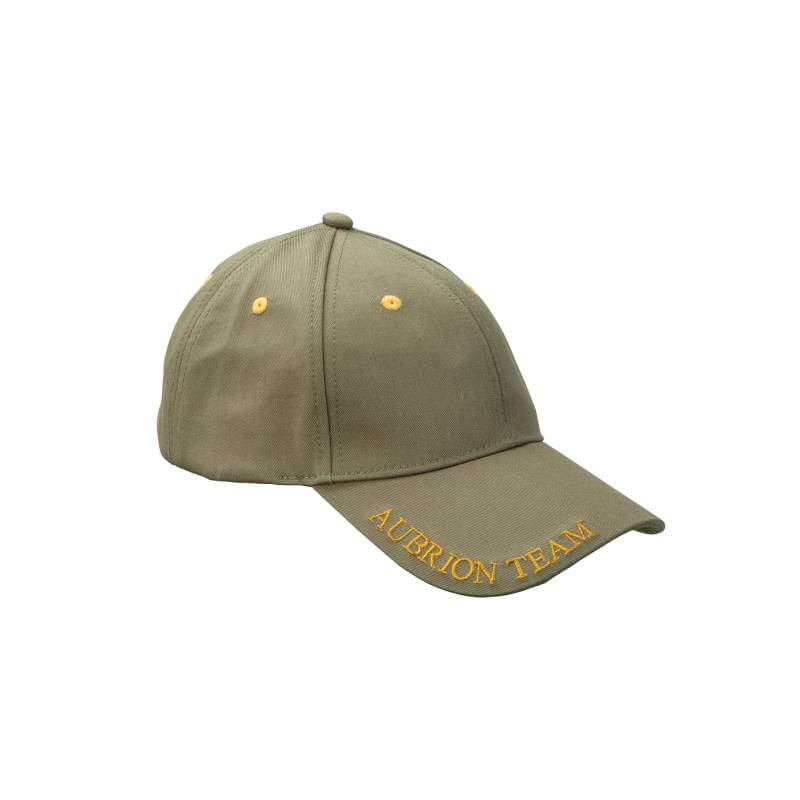 Aubrion Team Cap Moss: olive green cotton canvas with yellow text and adjustable strap.