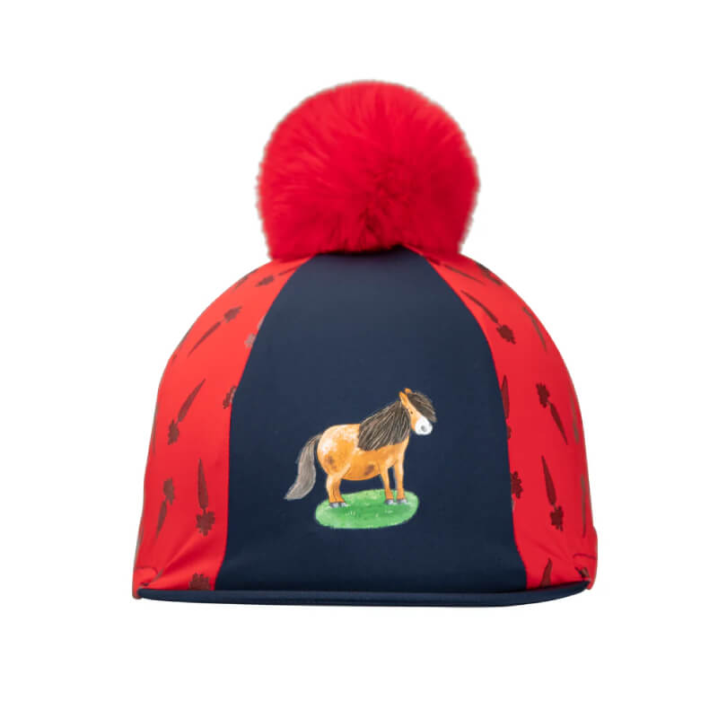 Shires Winnie &amp; Me Childs Hat Silk in navy/red with horse design and red pom-pom on top.