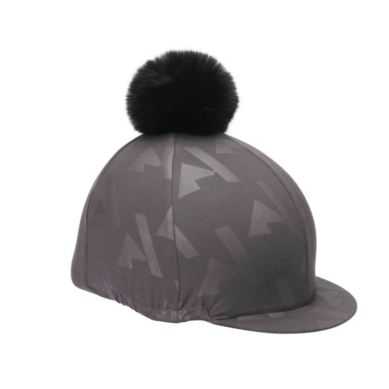 Aubrion React Hat Cover Shadow Print, gray with black pom-pom and geometric equestrian style.