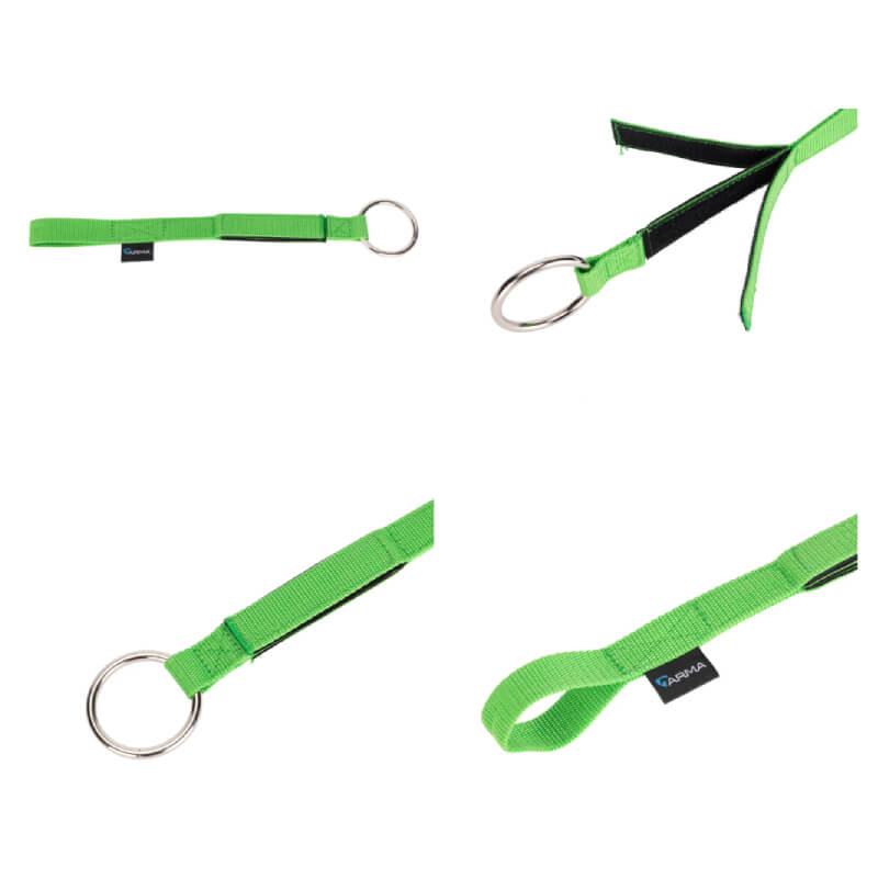 Shires Arma Breakaway Tie keychain, inspired by trailer tie safety, with green fabric & metal ring.