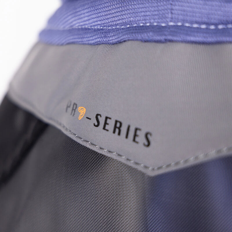 Close-up of Shires FlyGuard Pro Fine Mesh Fly Mask with Ears Sky, blue and gray stitching.