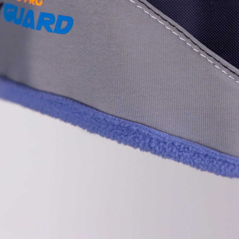 Close-up of the Shires FlyGuard Pro Fine Mesh Fly Mask with Ears Sky, gray with blue trim.