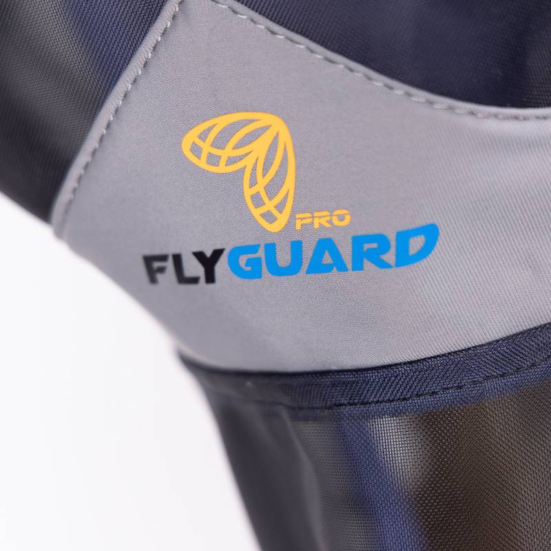 Close-up of Shires FlyGuard Fine Mesh Fly Mask with Sky logo in yellow, black, and blue.