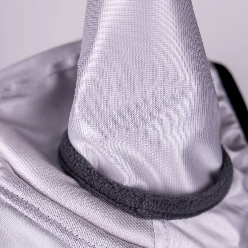 Close-up of Shires FlyGuard Pro Sun Shade Fly Mask with gray trim, stitched seams &amp; UV protection.