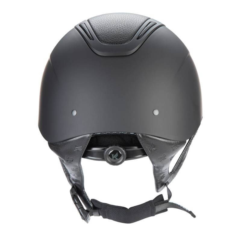 Shires Karben Amity LTHR Riding Hat Black with chin strap, rear view shown.