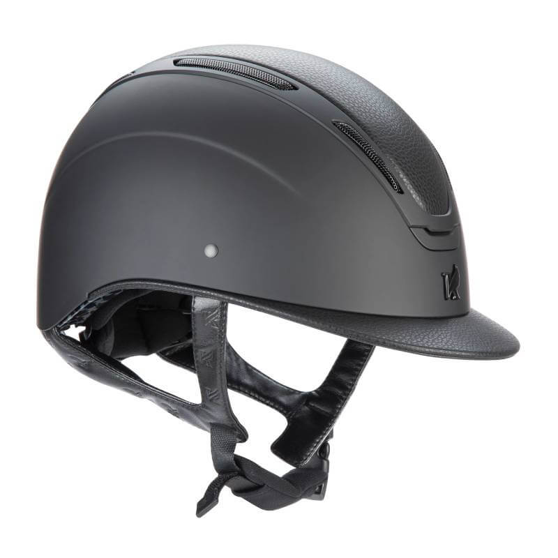 Shires Karben Amity LTHR Riding Hat Black with chin strap and small visor, side view.