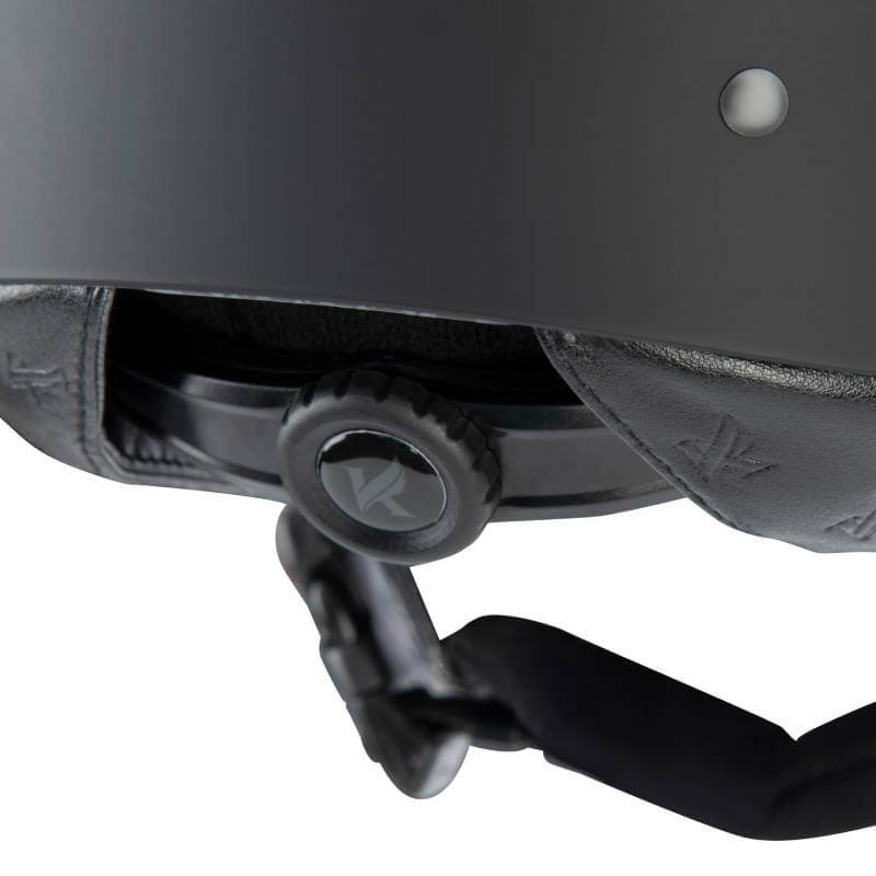 Close-up of Shires Karben Amity LTHR Riding Hat Black adjustment dial and chin strap.