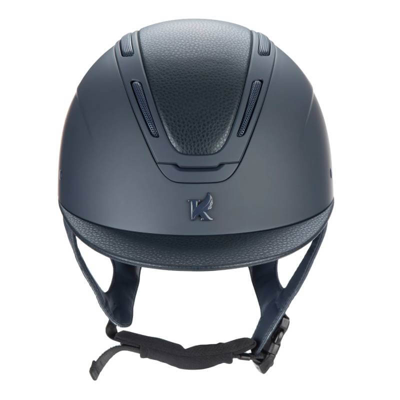 Shires Karben Amity LTHR Riding Hat Navy with chin strap, front view.