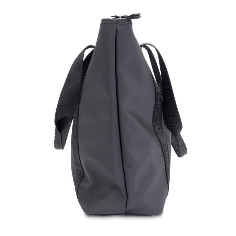 Side view of the Aubrion React Hat Bag Black backpack with two straps and a top zipper.