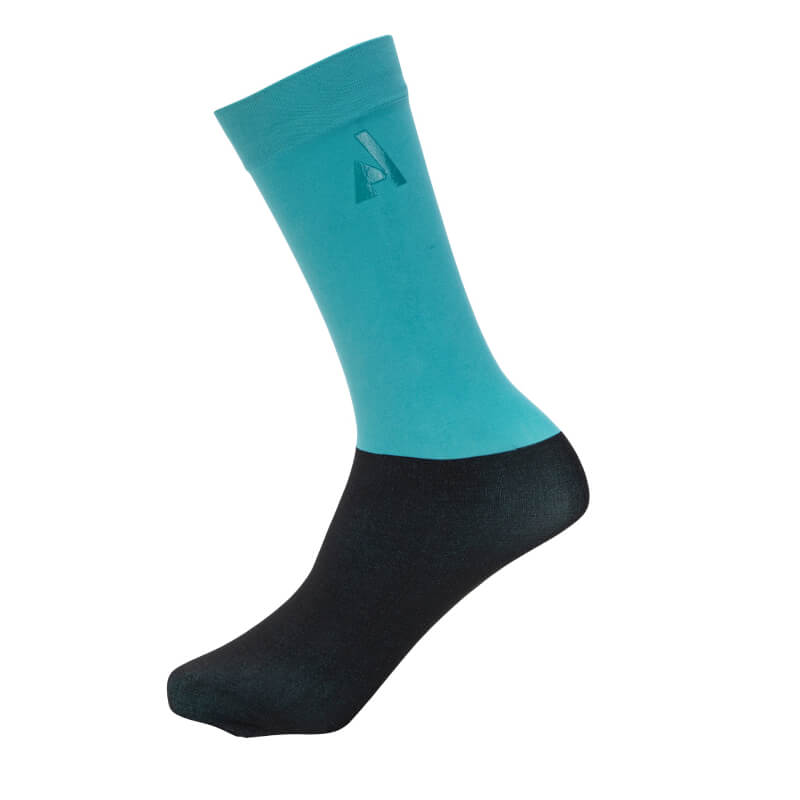 Aubrion React Performance Socks Haze: turquoise &amp; black, knee-length, small A logo near calf.