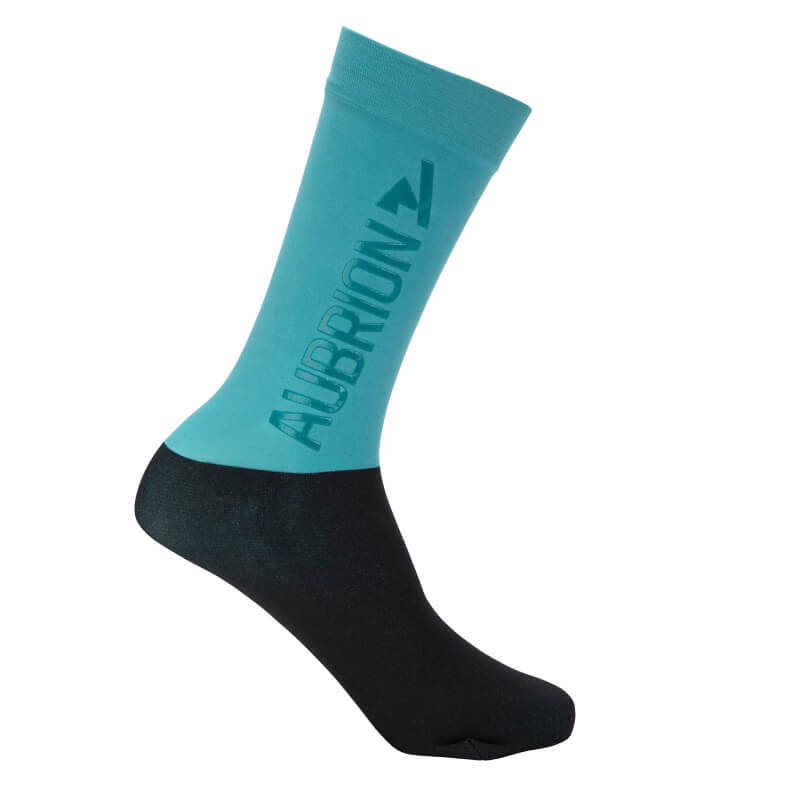 Aubrion React Young Rider Socks Haze: blue and black, AUBRION text, for top youth performance.