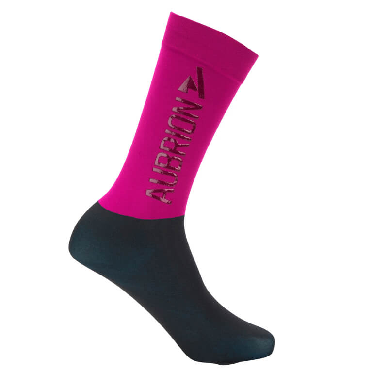 Aubrion React Fuchsia socks: black foot, pink calf, breathable—ideal for young riders.