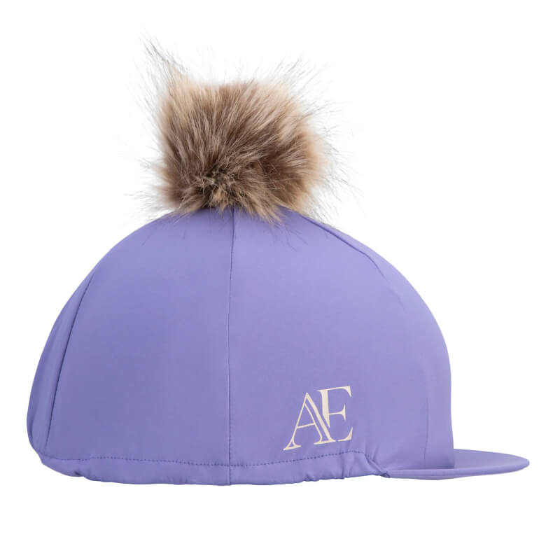 Aubrion Equestrian Hat Silk Heather with faux fur pom pom, AE in white on the side.