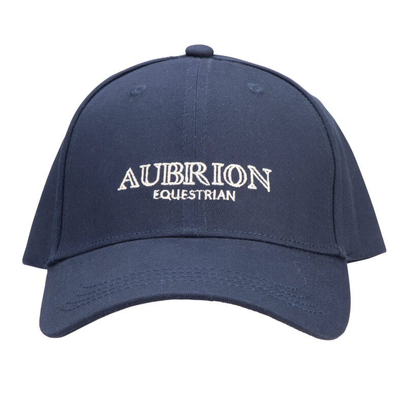 Aubrion Equestrian Cap Midnight: navy blue cap with white Aubrion Equestrian embroidery.