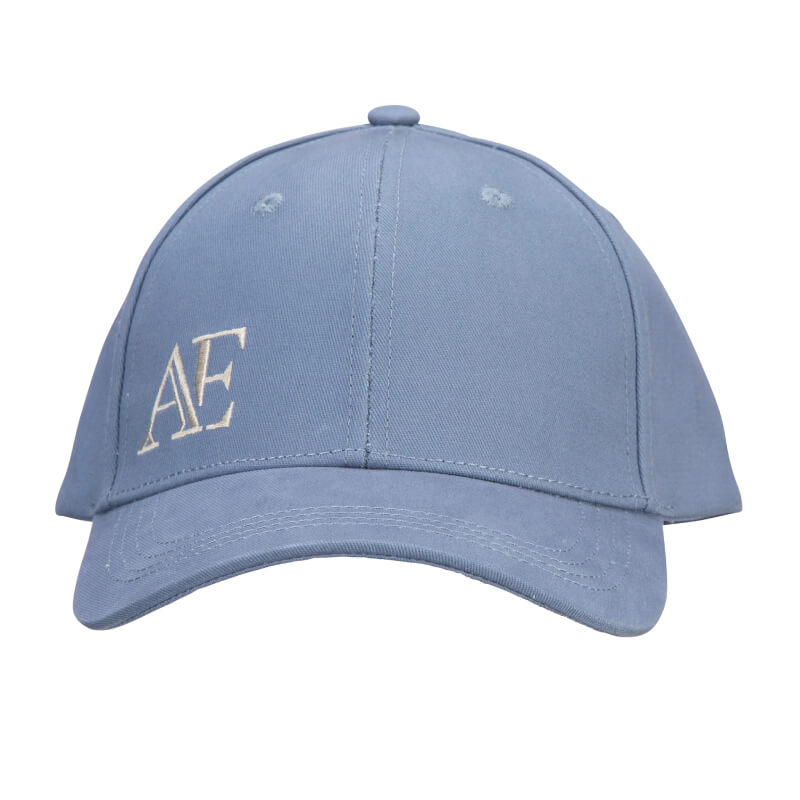 Aubrion Equestrian Cap Storm: light blue cotton cap with white AE logo for stylish sun protection.