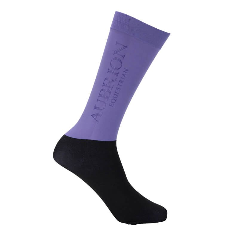 Purple &amp; black Aubrion Young Rider socks with “Aubrion Equestrian” on the calf.