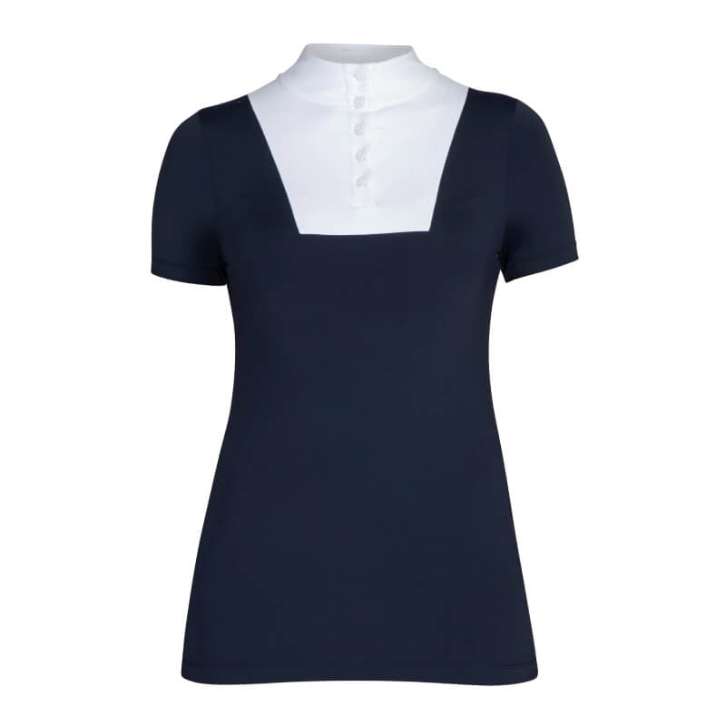 Shires Aubrion Optima MX Show Shirt Navy, short-sleeve, white square neckline, button collar.