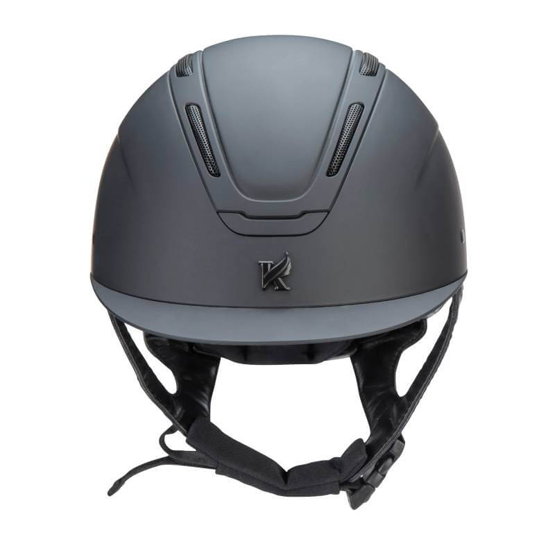 Shires Karben Amity SMRT Riding Hat Black with chin strap, front view for safety riding.