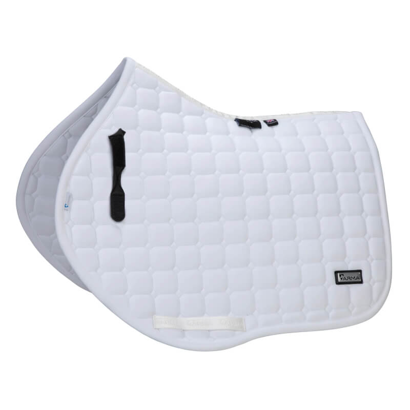 Shires Arma Elegance 1.0 White jump saddlecloth, curved shape, black straps, ULTRA DRI ZONE.
