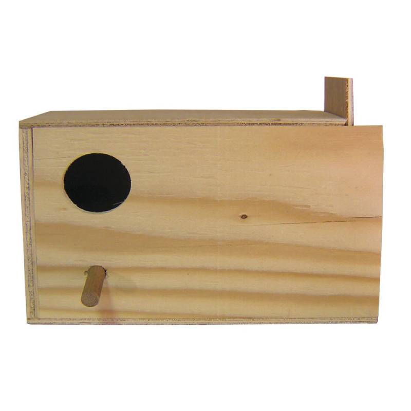 Sky Pet Budgie Nest Box: simple wooden box with round entry and perch below.