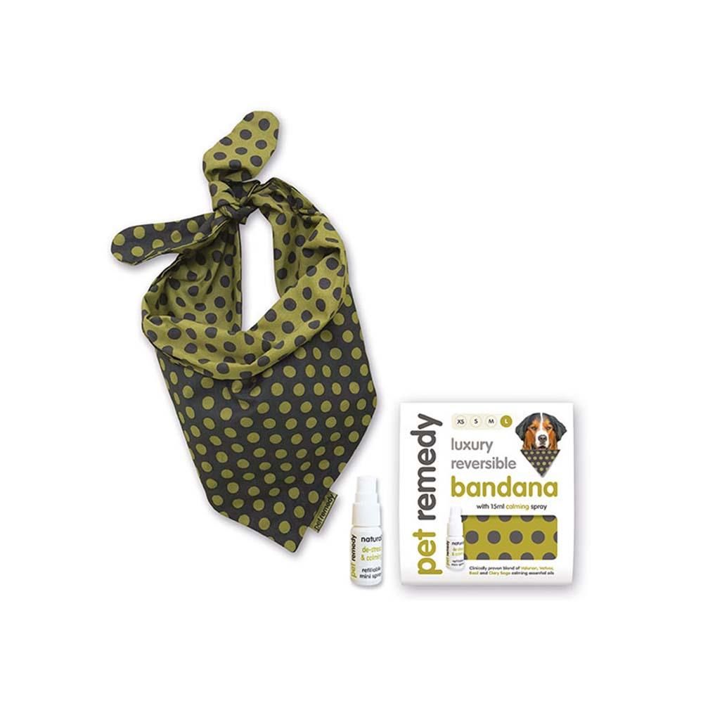Pet Remedy Luxury Calming Bandana Kit: olive polka dot bandana, spray &amp; stylish packaging.