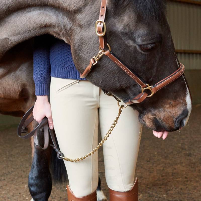 The John Whitaker Whitaker Leather Show Lead Oak Brown with brass chain on white background.