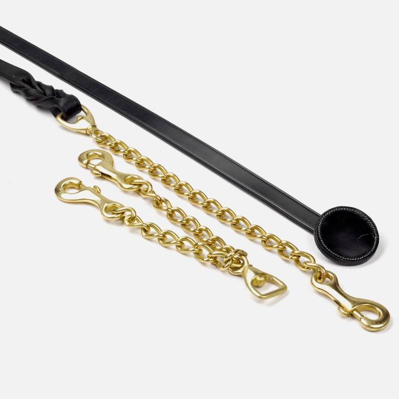 John Whitaker Whitaker Leather Show Lead Black and two gold brass chain leads with hooks.