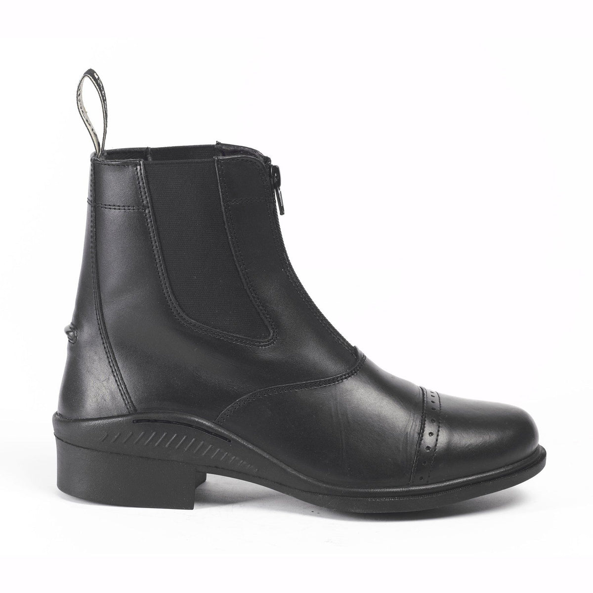 Brogini 401 Tivoli Paddock Boot: black leather ankle boot with low heel and side zipper.