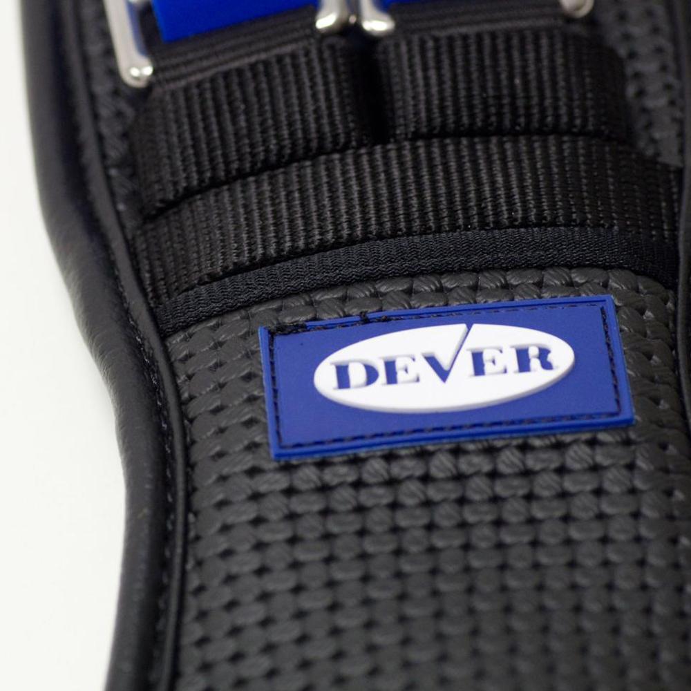 Close-up of the Dever Comfort Dressage Girth with black texture, blue label, and elastic buckles.
