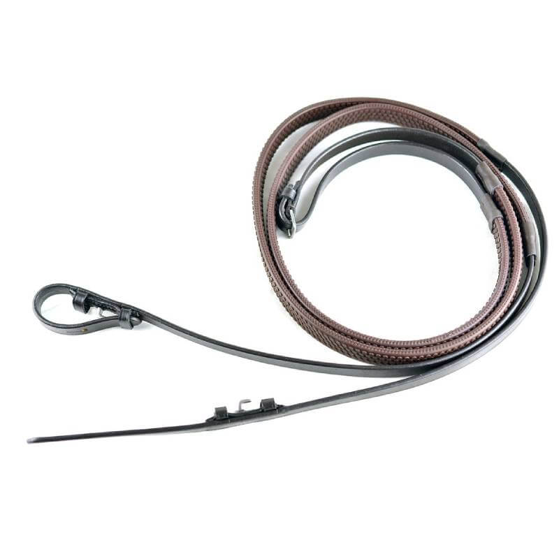Dever Ascot Rubber Grip Reins, brown & black, braided and coiled on a white background.