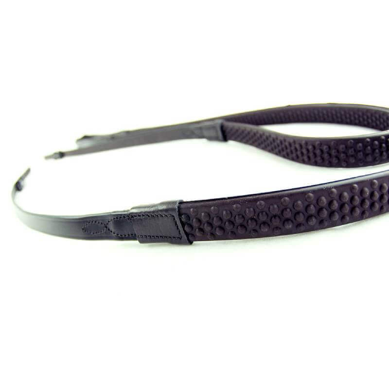 Dever Ascot Bio Grip Reins in black leather with raised dot texture, laid flat on white.
